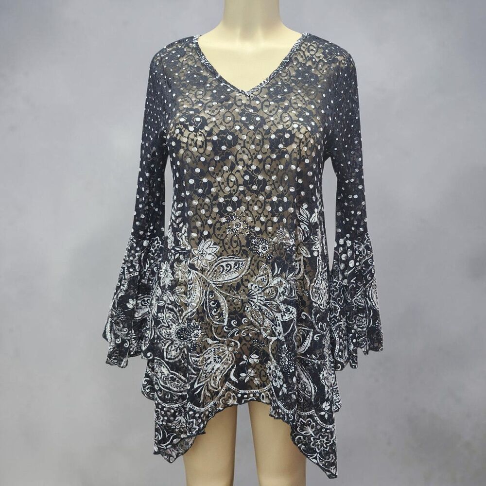 Dor Dor Couture Asymmetrical Lace Tunic Womens Medium Bell Sleeves Whimsigoth